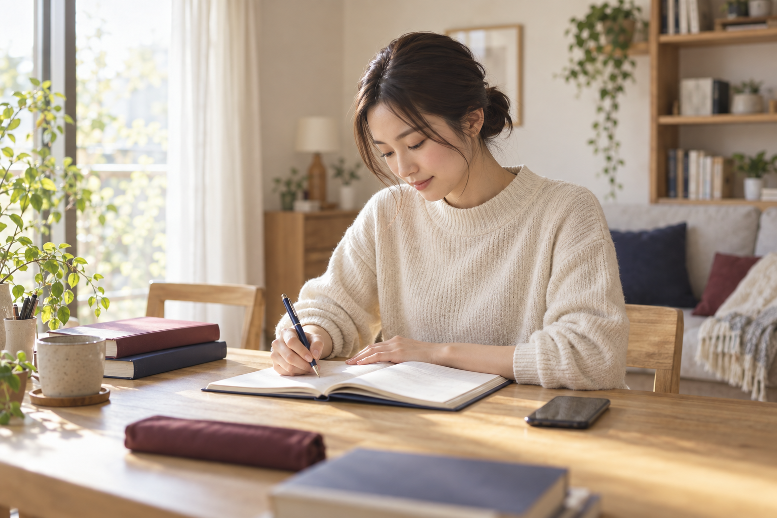 自宅の机でノートとスマートフォンを使って勉強する人のイメージ